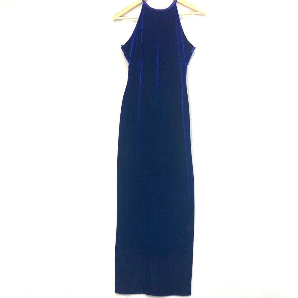 Vintage Niki Livas Blue Velvet Maxi Gown Dress Size 8 Lace Up Back‎ Stretch Prom